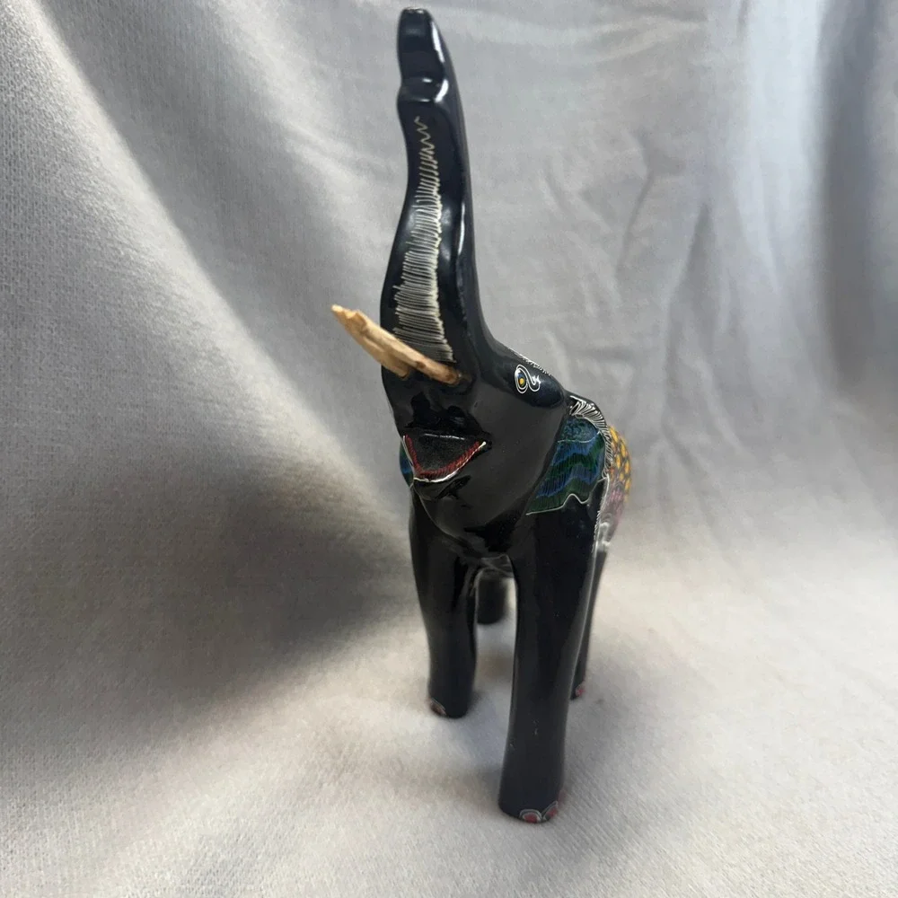 Hand Painted Elephant Figurine Black Multi Color Trunk Up Good Luck Folk Art